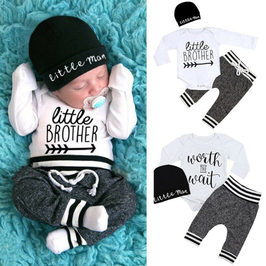 Newborn Infant Baby Boy Clothes Sets 3Pcs Little Brother Long Sleeve Romper Pant Hats Outfit Clothes Set